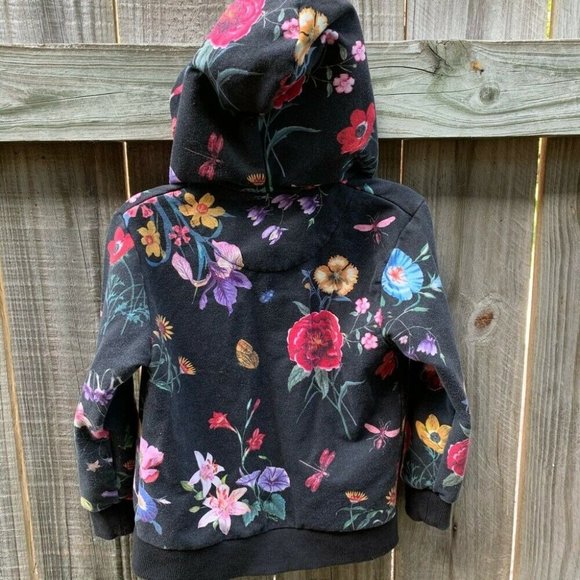 ZARA Girls Collection Hooded Sweater Size 5 Black / Floral Pockets  Zip Up - Picture 6 of 8